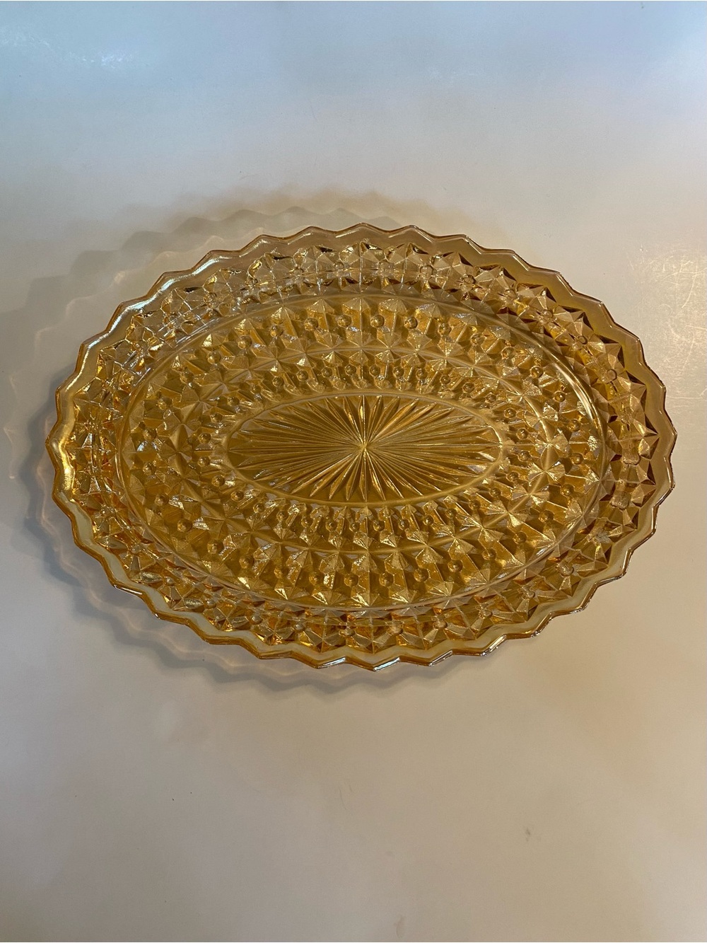 Vintage Jeannette Glass Holiday Buttons and Bows Marigold Carnival Oval Platter
